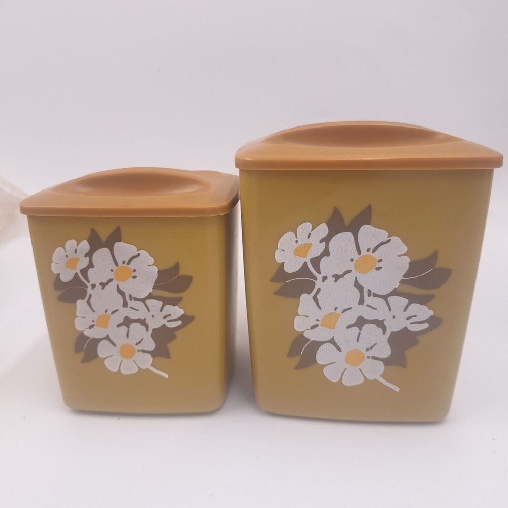 Vintage Set Of 2 Plastic Nesting Avocado Green Canisters - Daisy Floral Flowers